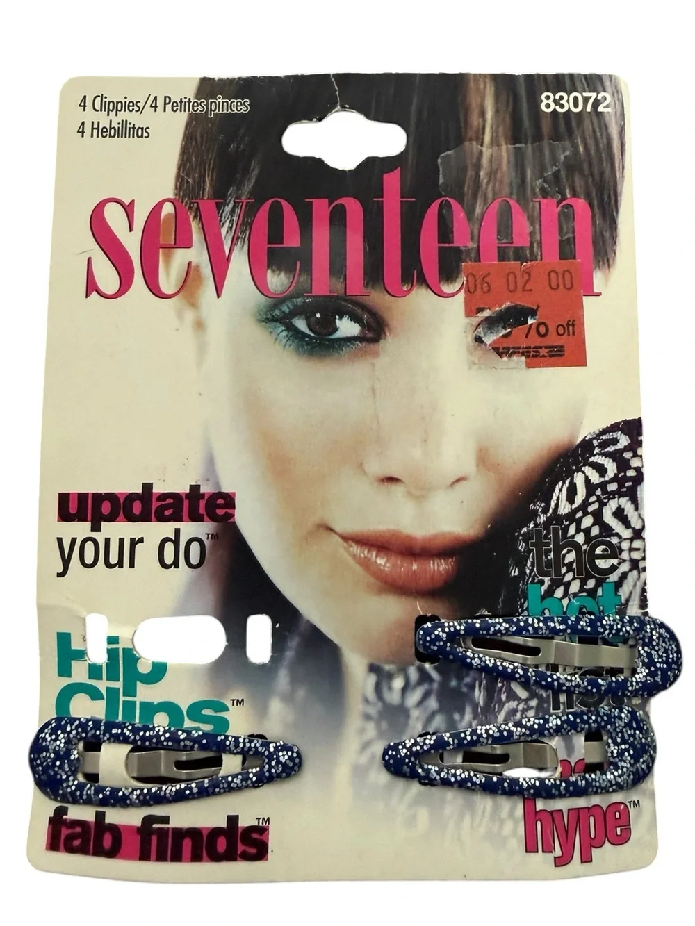 Vintage 1999 Seventeen Hip Clips Blue Glitter Snap Hair‎ Barrettes Y2K 3pc Set